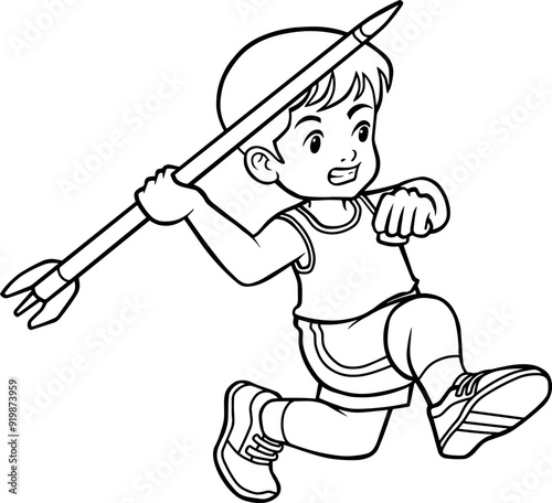 javelin Throwing Kids Athlete line vector illustration isolated on white background
