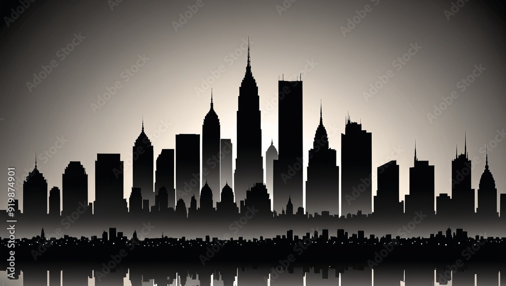 Fototapeta premium Urban Sunset Silhouette Modern City Skyline Artwork