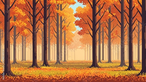 Pixelated Autumn Serenity Vibrant Forest Landscape photo