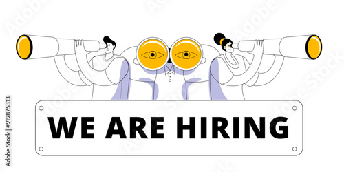Three characters with binoculars and a telescope are looking for the necessary personnel. Horizontal banner template. We are hiring.