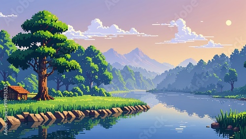 Pristine Riverbank Serenity Pixelated Artwork