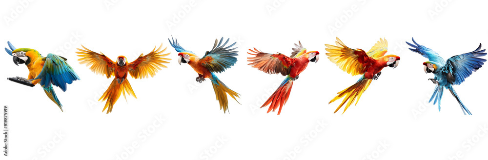 Fototapeta premium Macaw Majesty in Flight: A vibrant collection of six macaws soaring gracefully against a pristine white backdrop. 