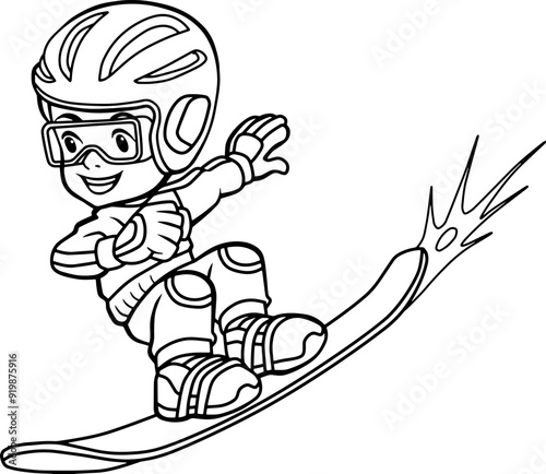 snowboarding kids line vector illustration isolated on white background