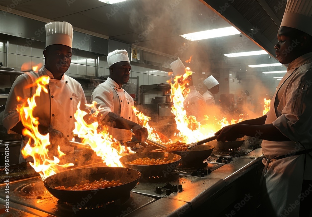 Students in chef uniforms cooking with flames in a busy kitchen during a culinary class