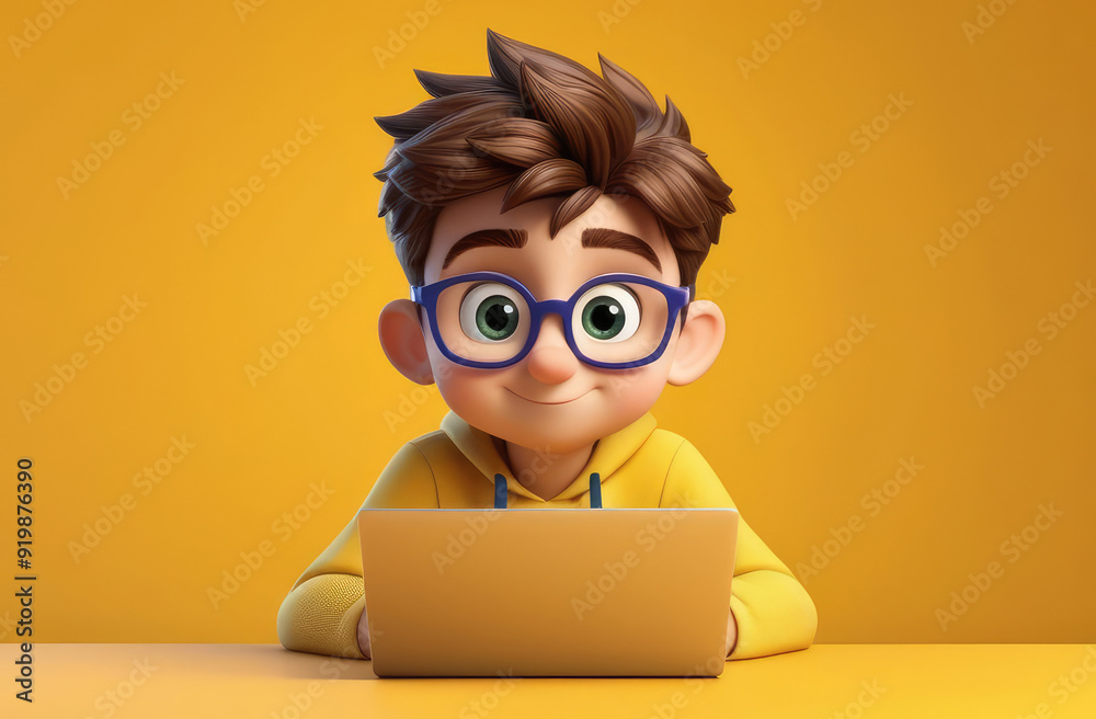 Caucasian pupil boy doing homework on laptop. online education, Illustration on yellow background Caucasian pupil boy doing homework on laptop. online education, Illustration on yellow background