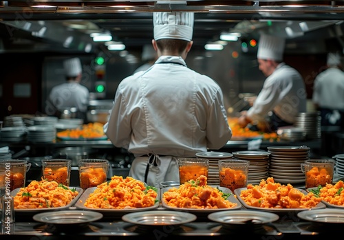 Culinary preparation in the luxury cruise ship kitchen with chefs arranging plates of vibrant food photo