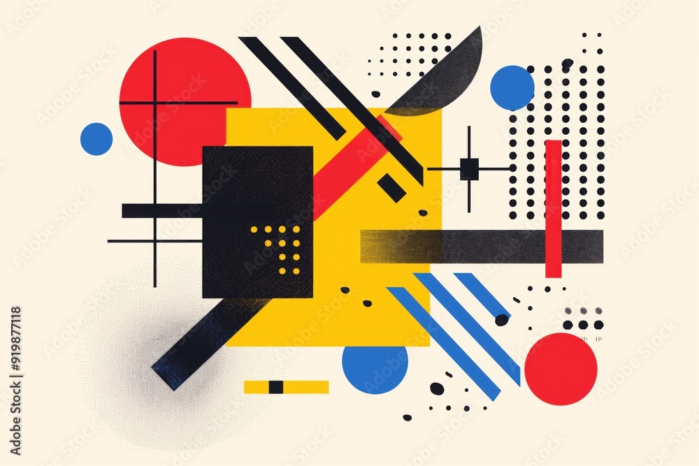 Abstract bauhaus geometric composition featuring bold shapes and primary colors on beige Abstract bauhaus geometric composition featuring bold shapes and primary colors on beige