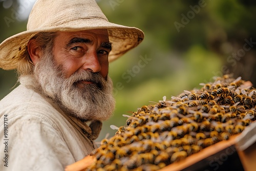 Apicultor rodeado de abejas recogiendo miel photo