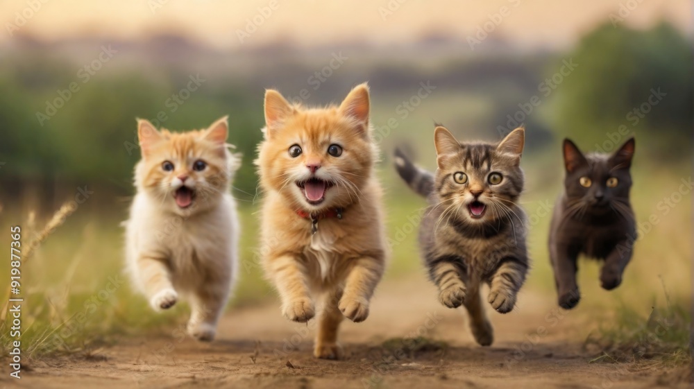 Cute funny cats jumping and running along the path Cute funny cats jumping and running along the path