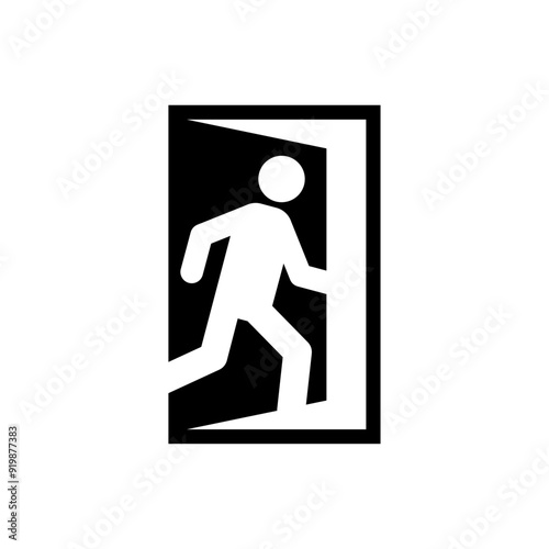 Exit sign evacuation icon. Man exiting door symbol. Exit sign for evacuation direction