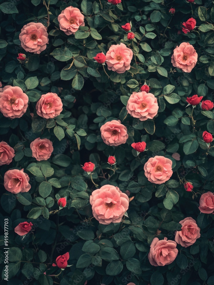 Naklejka premium Pink rose bush with green leaves