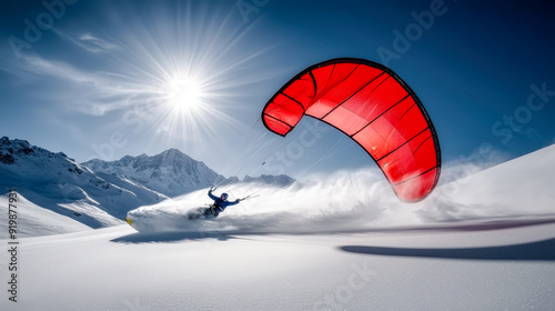 Snowkiting Adventure An exhilarating scene capturing the thrill of snowkiting against a backdrop of stunning snow-covered mountains and a radiant sun showcasing the excitement and beauty 
