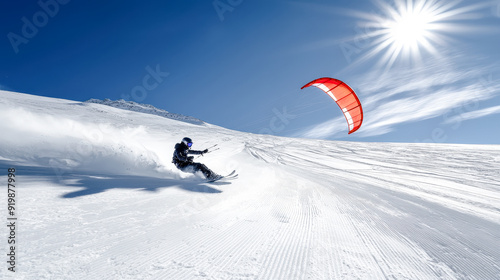Snowkiting Adventure An exhilarating scene capturing the thrill of snowkiting against a backdrop of stunning snow-covered mountains and a radiant sun showcasing the excitement and beauty 