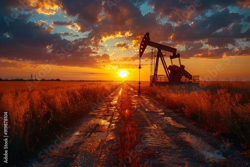 Industrial sunset  crude oil fields extraction for the fuel industry and petroleum processing