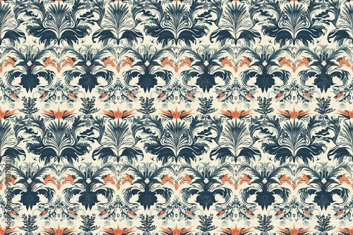 Vintage Victorian-style pattern with tropical plants and swirling waves in a symmetrical design