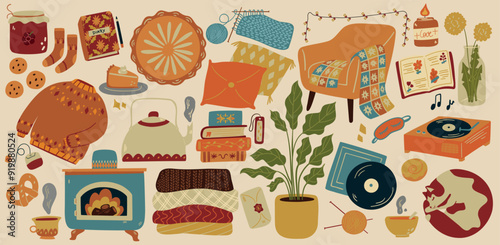 A set of cozy autumn.  Hygge fall mood. Autumn set.