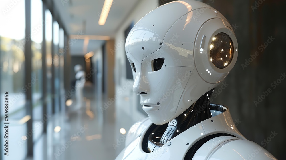 Naklejka premium a robot is standing in a hallway with a glass wall behind it