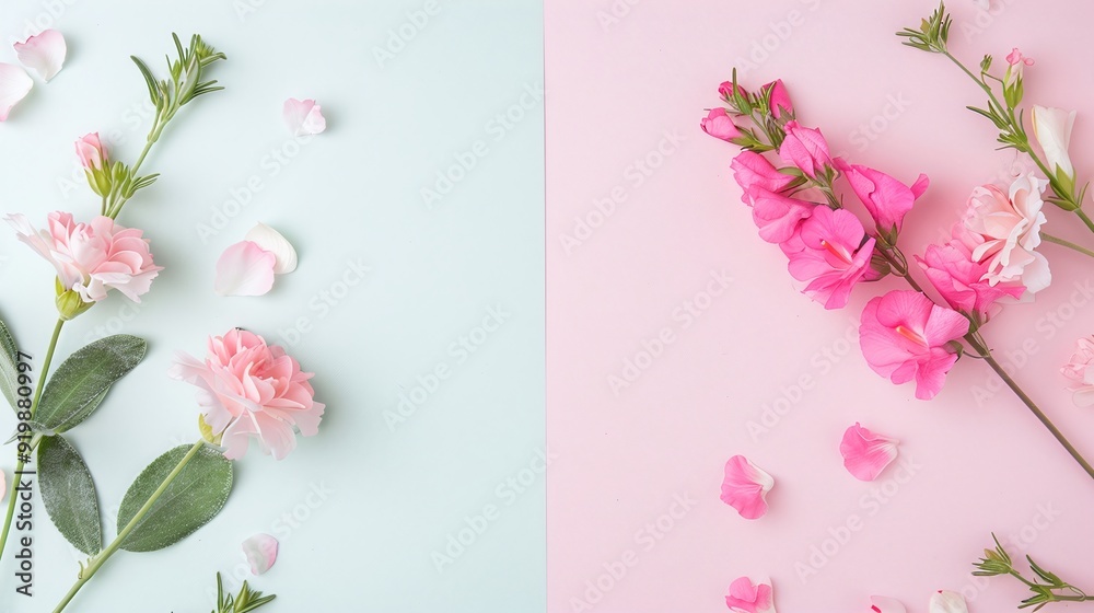 Fototapeta premium Pink and white sweet pea flowers on split pastel pink and blue background. Minimalist floral arrangement with copy space. Ideal for spring-themed banners, invitations, or greeting cards. Flat lay phot
