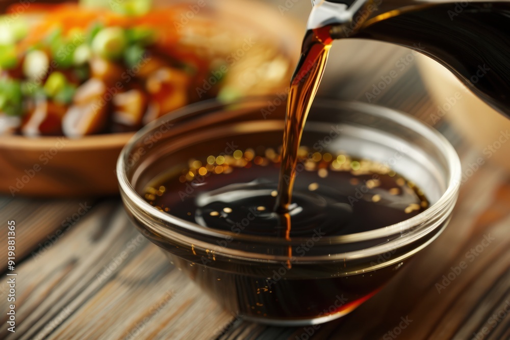 Soy Sauce. Close-Up of Pouring Soy Sauce into Wooden Bowl with Japanese and Chinese Food Soy Sauce. Close-Up of Pouring Soy Sauce into Wooden Bowl with Japanese and Chinese Food