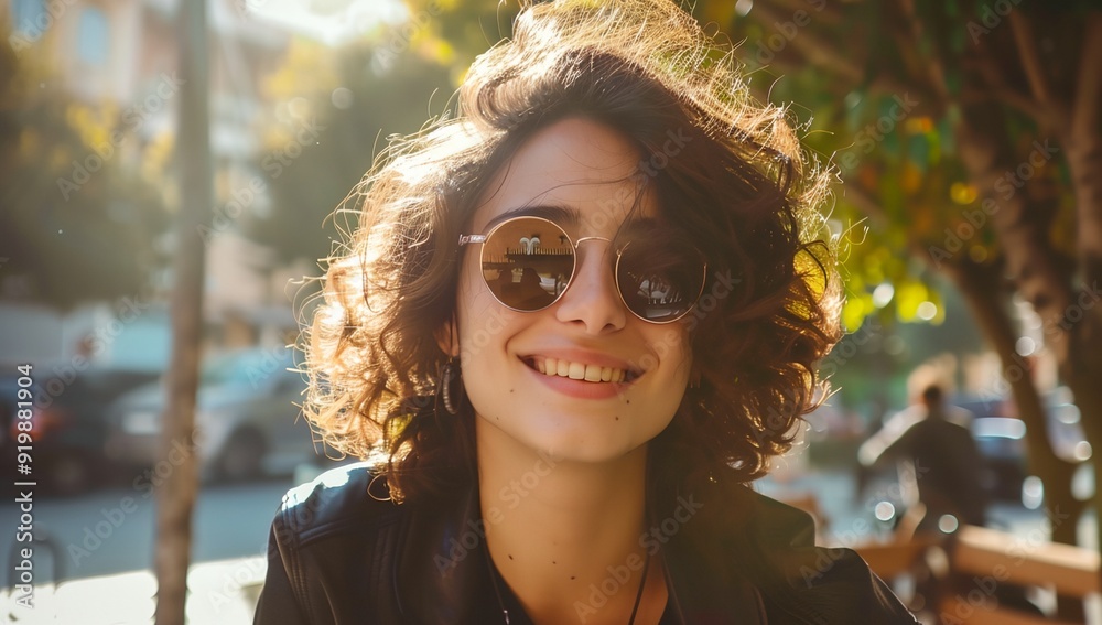 Φωτογραφία a woman with sunglasses on smiling for the camera in a city street area with a tree in the background