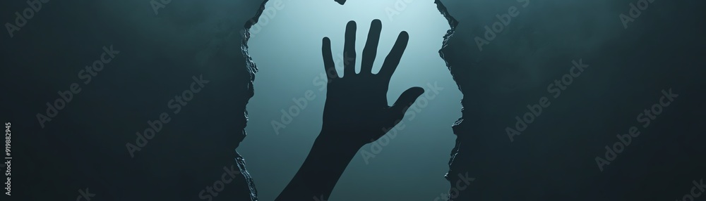 A dramatic silhouette of a hand reaching out through a dark, atmospheric breaking surface, conveying mystery and suspense. A dramatic silhouette of a hand reaching out through a dark, atmospheric breaking surface, conveying mystery and suspense.