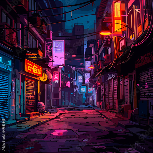 Empty cyberpunk street. Cyber night city poster anime art, glowing lights buildings with hanging wires dark urban sidewalk retro futuristic comic background vector illustration