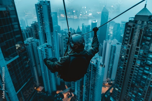 Dramatic Urban Robbery Escape on Zipline Amidst City Skyline at Dusk