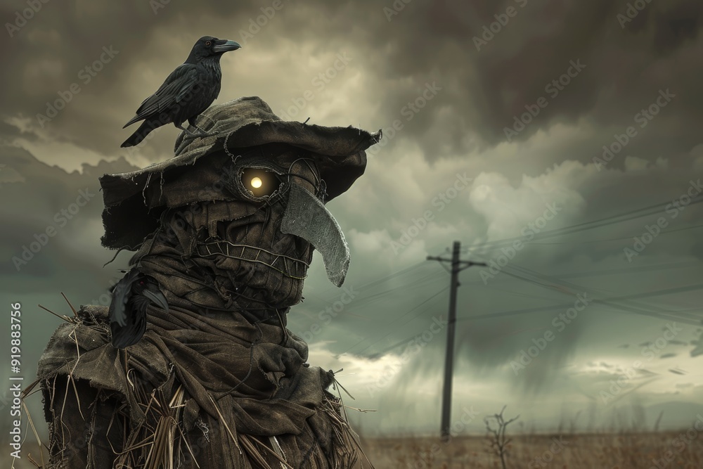 Fototapeta premium Menacing Halloween Scarecrow with Glowing Eyes and Crow in Desolate Field Under Ominous Clouds