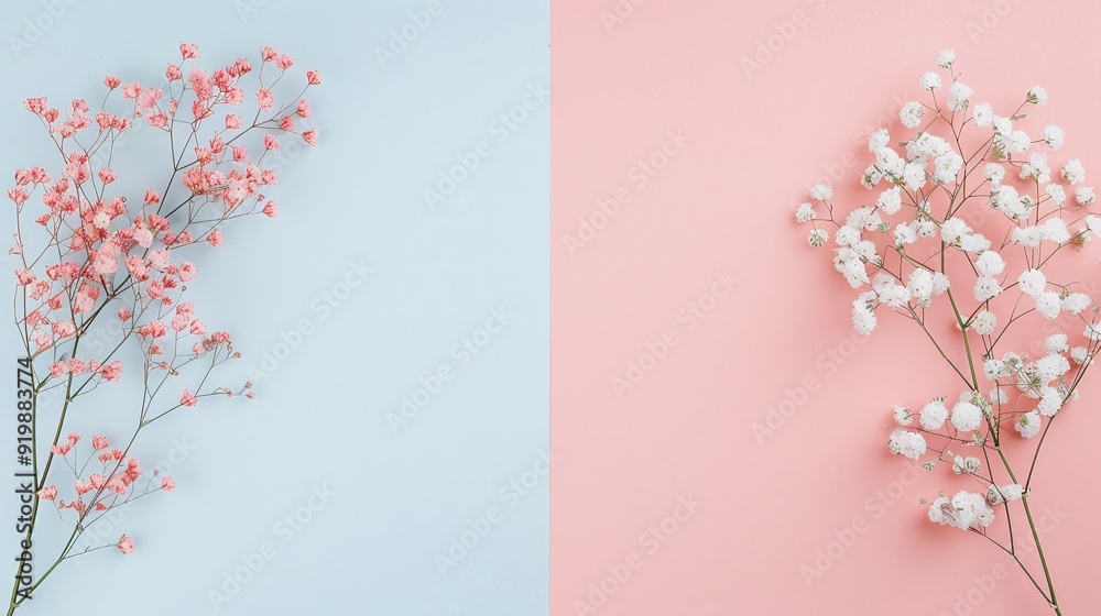 White and pink gypsophila flowers on split pastel blue and pink background. Minimalist floral design with copy space. Ideal for spring-themed banners, invitations, or greeting cards. Flat lay photogra White and pink gypsophila flowers on split pastel blue and pink background. Minimalist floral design with copy space. Ideal for spring-themed banners, invitations, or greeting cards. Flat lay photogra