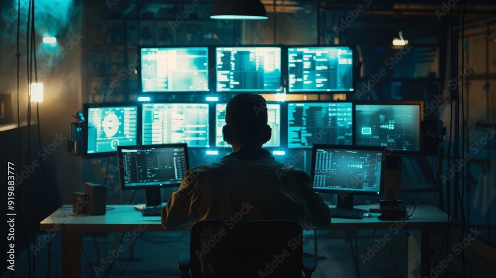 High-Tech Heist: Robber Hacking into Secure Network with Multiple Screens Displaying Codes and Security Footage High-Tech Heist: Robber Hacking into Secure Network with Multiple Screens Displaying Codes and Security Footage