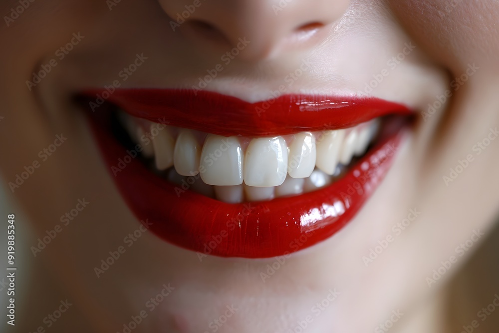 Dientes perfectos y bonitos de color blanco con labios pintados de rojo Dientes perfectos y bonitos de color blanco con labios pintados de rojo