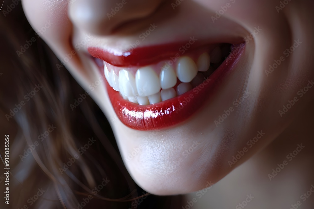 Dientes perfectos y bonitos de color blanco con labios pintados de rojo Dientes perfectos y bonitos de color blanco con labios pintados de rojo