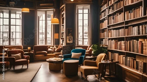 Wallpaper Mural  Library Lounge with Comfortable Chairs and Bookshelves Torontodigital.ca