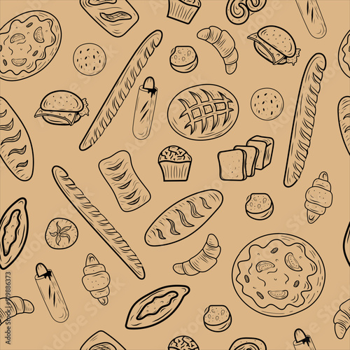 Bakery doodle seamless pattern isolated on beige background. Line art food elements. Vector illustration. Design for backdroup, textile, wallpaper, wrapping, menu, cafe, restaurant. photo