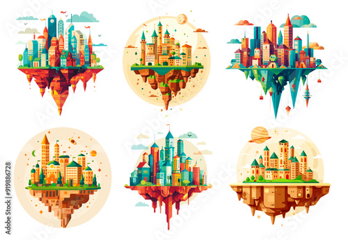 Flying cities. Fantasy city floating islands, magic urban fairy land fly iskand with modern or ancient buildings, set cartoon vector illustration