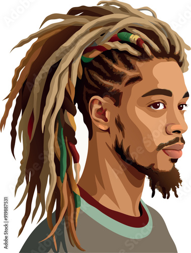 Young black man with dreadlocks is looking aside on white background-