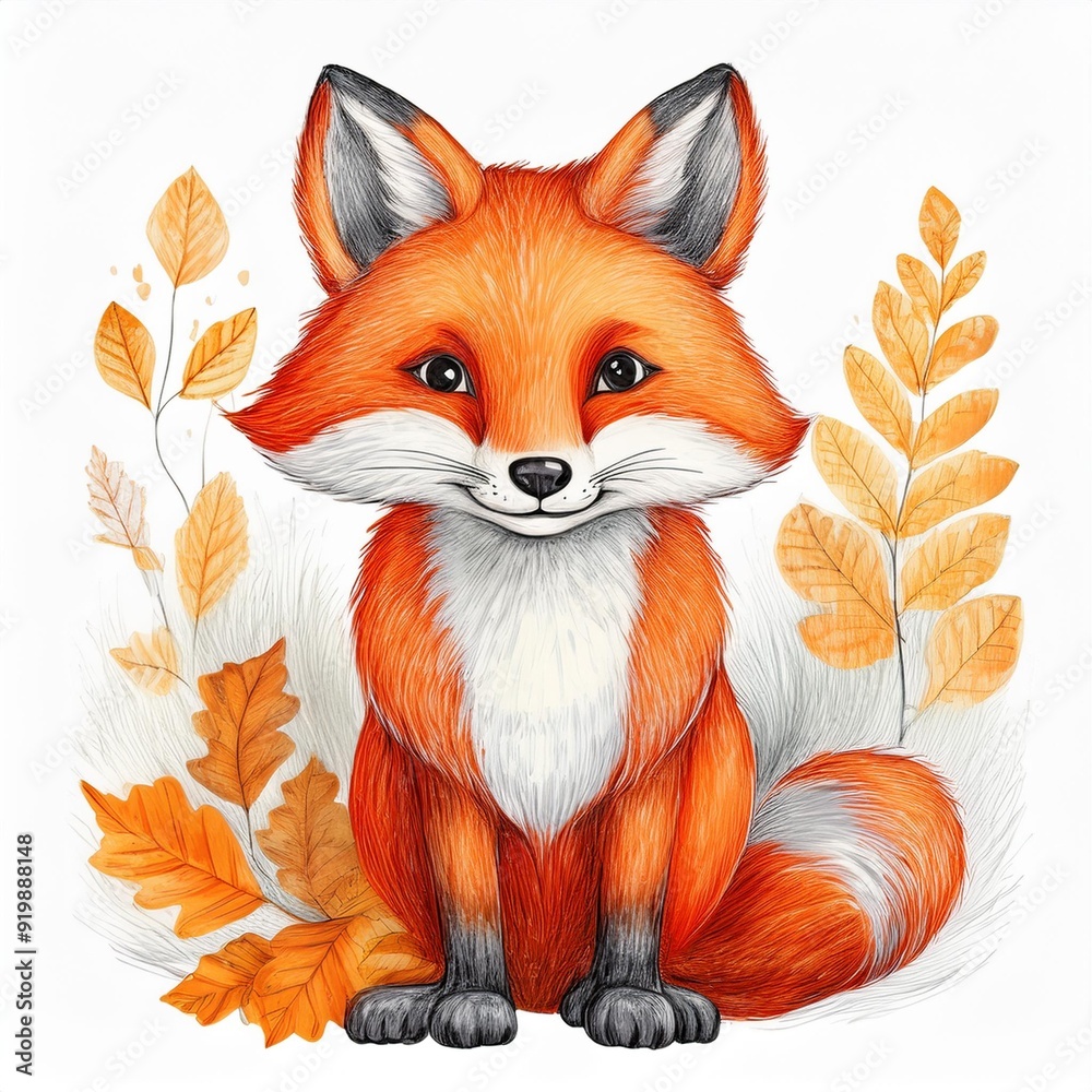 Fototapeta premium Colored pencil illustration of an autumn fox on a white background in a children's style, perfect for use in children's books, nursery decor, greeting cards, seasonal designs, educational materials
