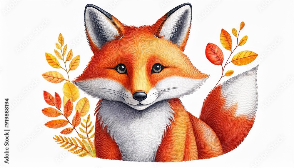 Colored pencil illustration of an autumn fox on a white background in a children's style, perfect for use in children's books, nursery decor, greeting cards, seasonal designs, educational materials Colored pencil illustration of an autumn fox on a white background in a children's style, perfect for use in children's books, nursery decor, greeting cards, seasonal designs, educational materials