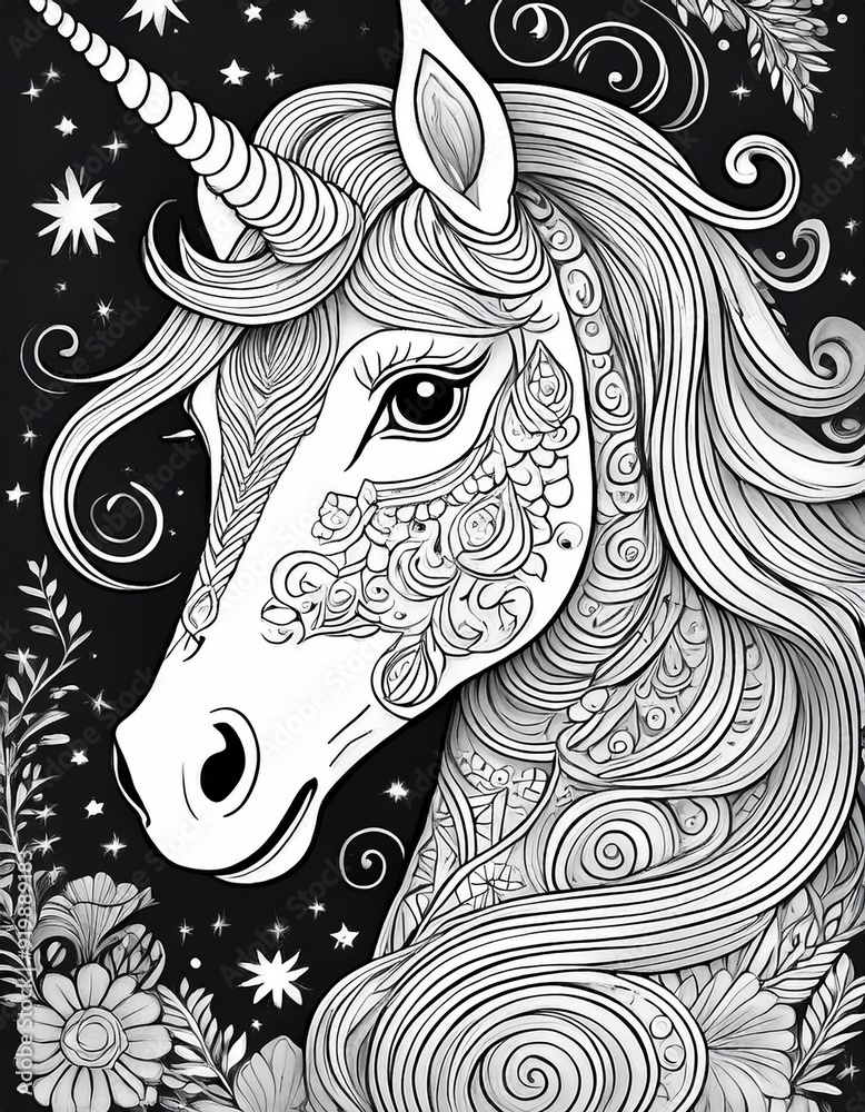 ภาพประกอบสต็อก Unicorn Coloring Pages- Black-and-white unicorn ...