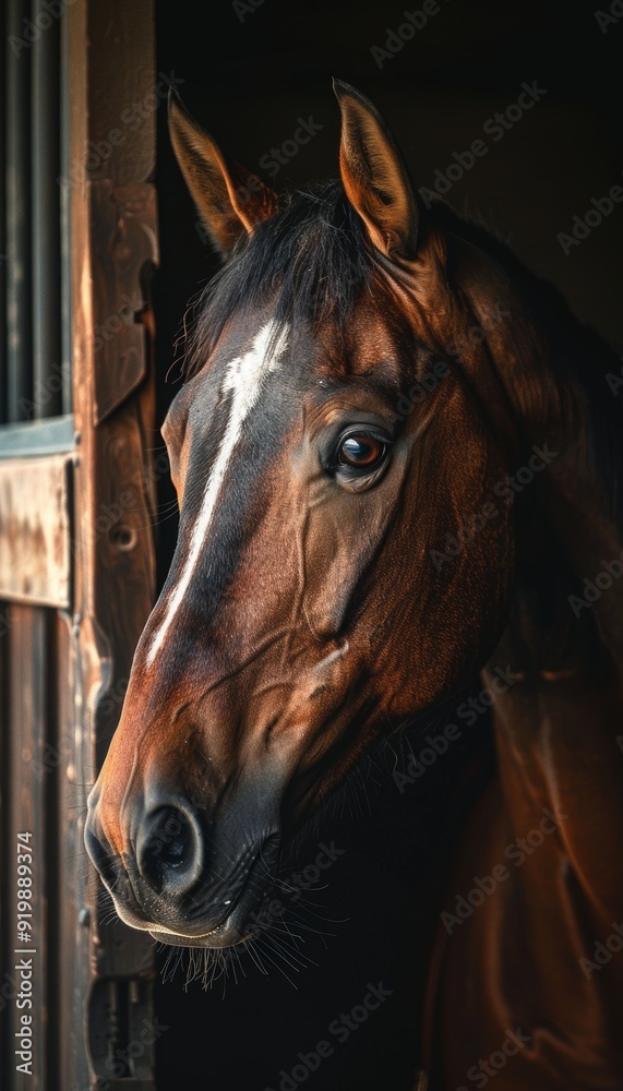 Fototapeta premium Serene Close-Up of a Racehorse in Stable with Soft Light and Glossy Coat for Equine Photography