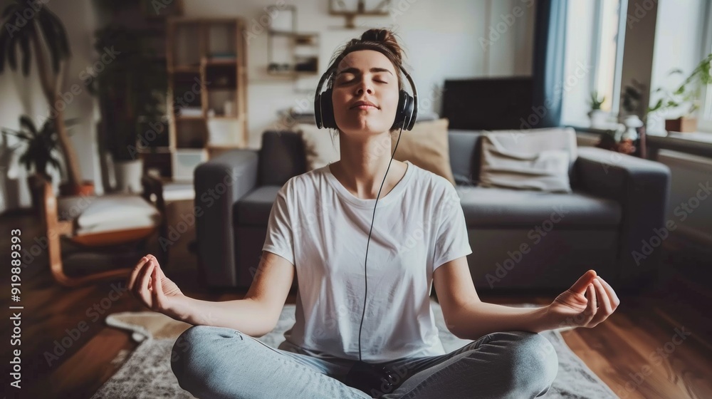 woman practicing guided meditation with headphones, cozy living room setting, focused and calm woman practicing guided meditation with headphones, cozy living room setting, focused and calm
