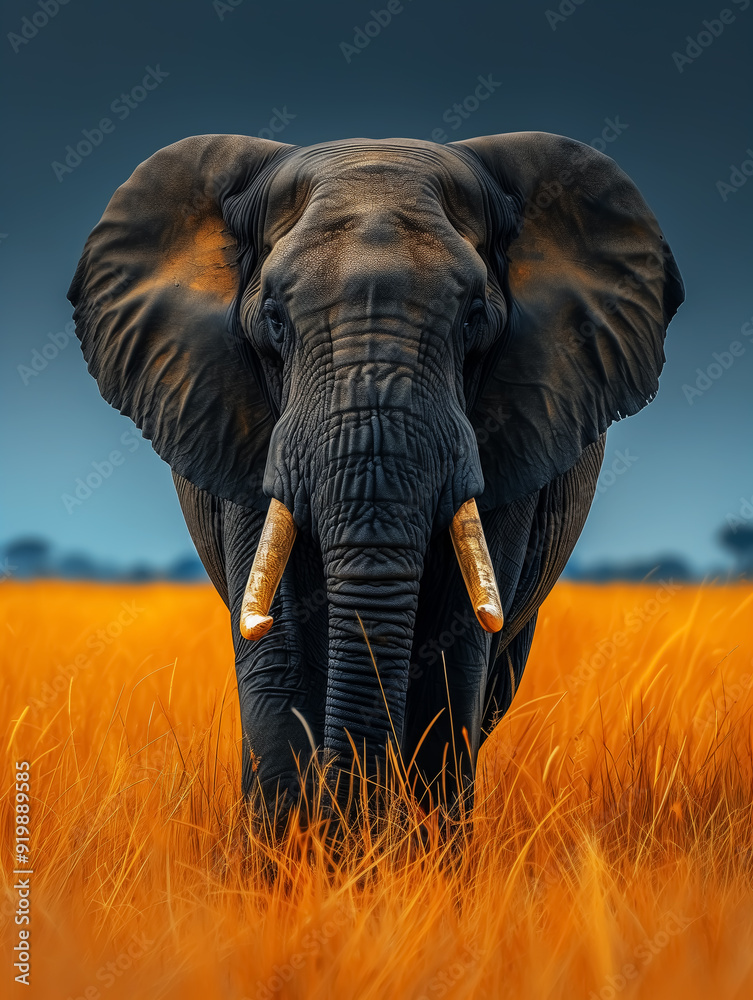 Naklejka premium elephant with tusks, big animal in nature, wildlife pattern. Design for Wall Art, Poster Print, Wallpaper & Background