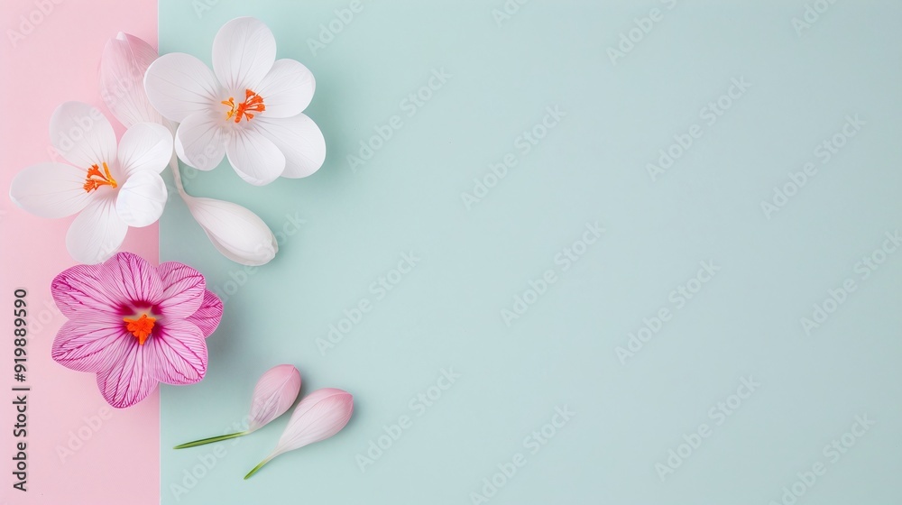 Naklejka premium Delicate White and Pink Crocus Flowers on Pastel Background - Minimalistic Floral Arrangement with Copy Space for Text - Perfect for Web Banners, Marketing Materials, Invitations, and Spring or Summer