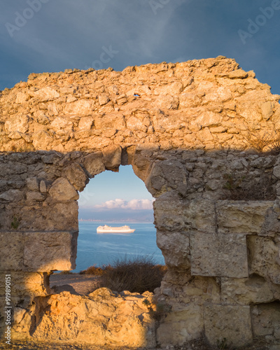 Fort at sunrise on the coast of Cagliari in Sardinia photo