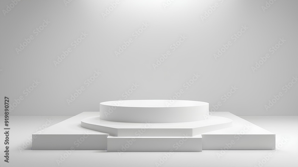 A clean, white podium with a reflective surface, standing in an empty space with soft shadows, ready to display premium products. A clean, white podium with a reflective surface, standing in an empty space with soft shadows, ready to display premium products.