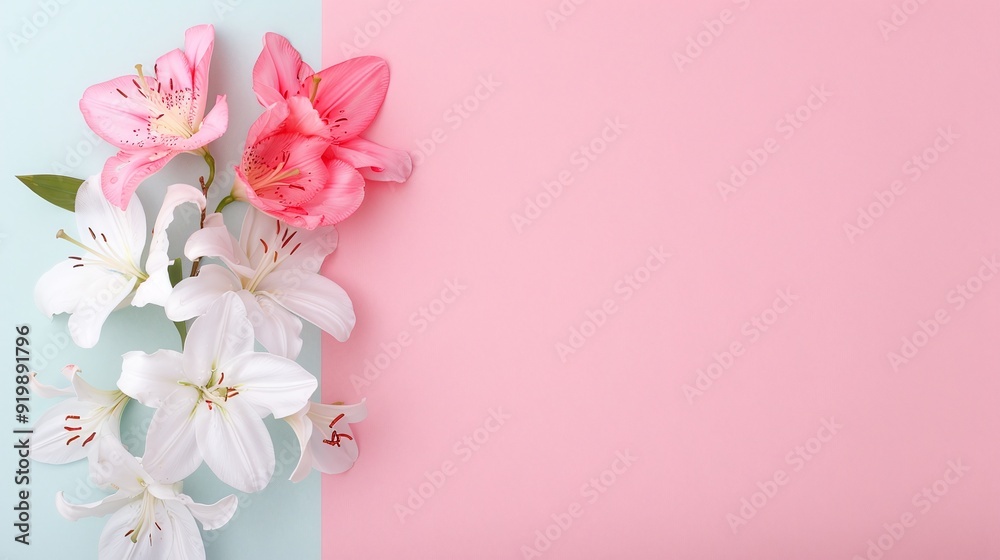 Elegant Lily Flowers on Pastel Pink and Blue Background - Minimalistic Floral Arrangement with Copy Space - Perfect for Invitations, Web Banners, Marketing Materials, and Spring or Summer Themes
Elegant Lily Flowers on Pastel Pink and Blue Background - Minimalistic Floral Arrangement with Copy Space - Perfect for Invitations, Web Banners, Marketing Materials, and Spring or Summer Themes