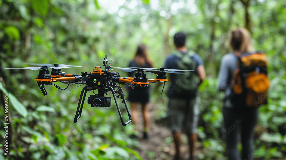 A university research team conducting a field study on the impact of deforestation, with drones and other high-tech equipment A university research team conducting a field study on the impact of deforestation, with drones and other high-tech equipment