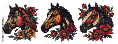 Horses tattoos set. Animal horse head tattoo drawing with red flowers roses leaves wild mustang sketch vector illustration