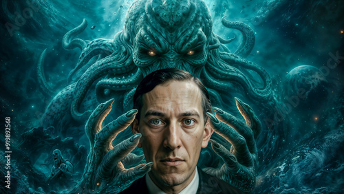 Man embodying H.P. Lovecraft with Cthulhu looming behind, featuring detailed tentacles and a cosmic background. A surreal depiction of horror and fantasy with an eerie, mysterious vibe.