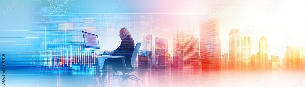 A home office with a panoramic view of the city skyline, showcasing professionals working remotely with flexible internet solutions A home office with a panoramic view of the city skyline, showcasing professionals working remotely with flexible internet solutions